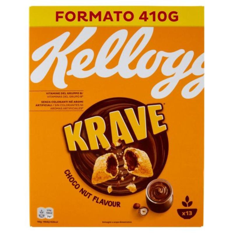Kellogg’s Choco Krave Cioccolato e Nocciole 410 g – Cereali Croccanti Ripieni di Crema al Cioccolato e Nocciole